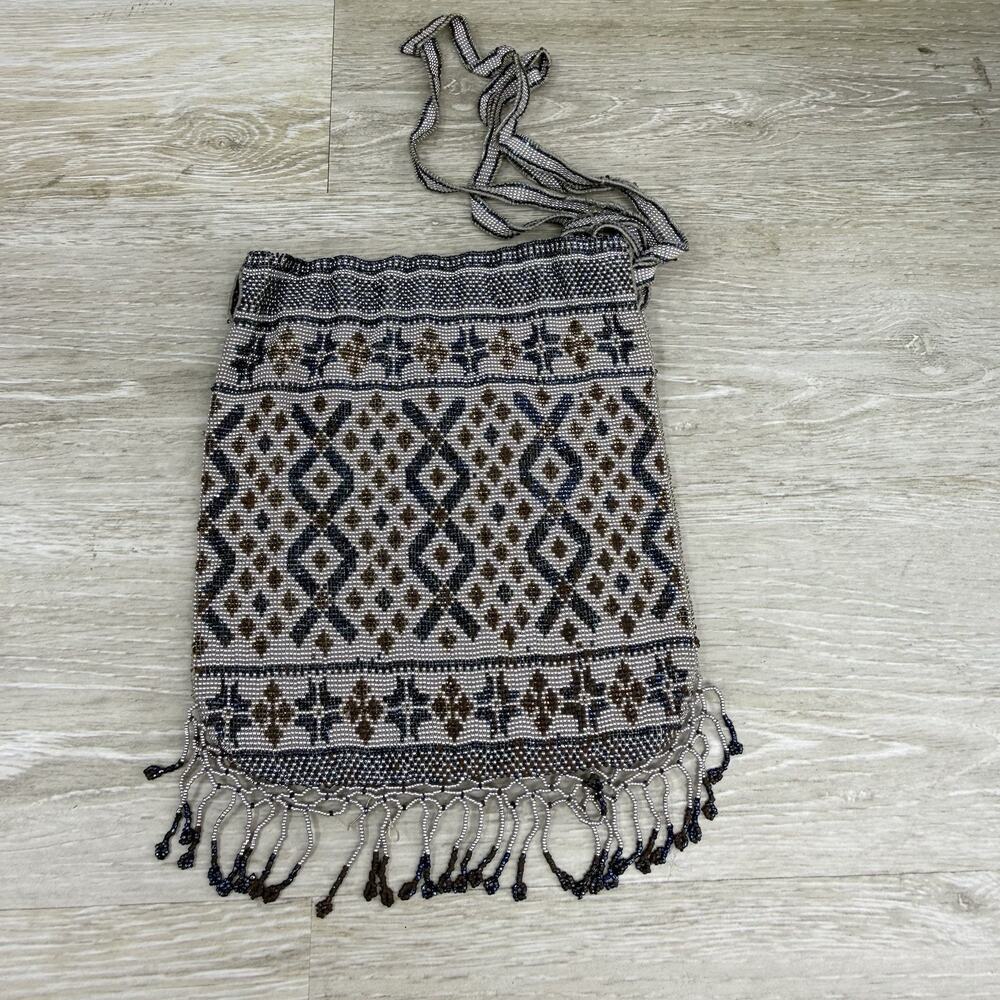 Antique Drawstring Blue Silver Gold Micro Bead Fringe Small Purse